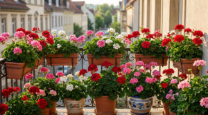 Un balcon débordant de géraniums rouges, roses et blancs en pots et jardinières, sur fond de bâtiments urbains.