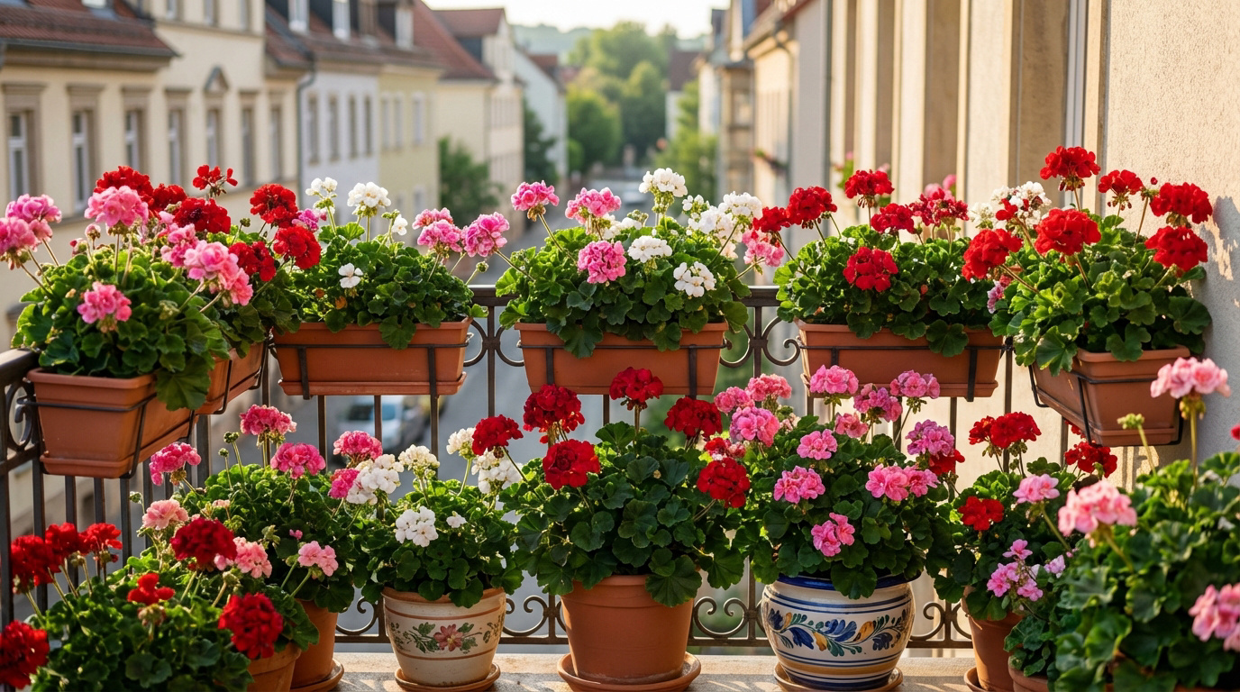 Un balcon débordant de géraniums rouges, roses et blancs en pots et jardinières, sur fond de bâtiments urbains.