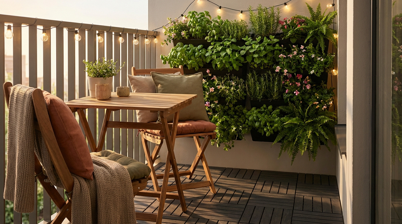 Balcon cosy avec mobilier en bois, mur végétal d'herbes aromatiques et de fleurs, éclairé par des guirlandes lumineuses.