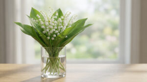 Bouquet de muguet frais dans un vase en verre sur une table en bois, avec des gouttes d'eau. Fenêtre lumineuse en arrière-plan.