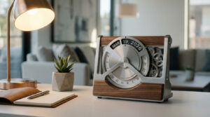 Calendrier perpétuel en bois et métal brossé affichant le 19 mars 2026 sur un bureau moderne avec lampe et plante.