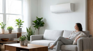Climatiseur mural blanc installé dans un salon moderne. Une femme détendue sur un canapé, entourée de plantes vertes, profitant du confort.