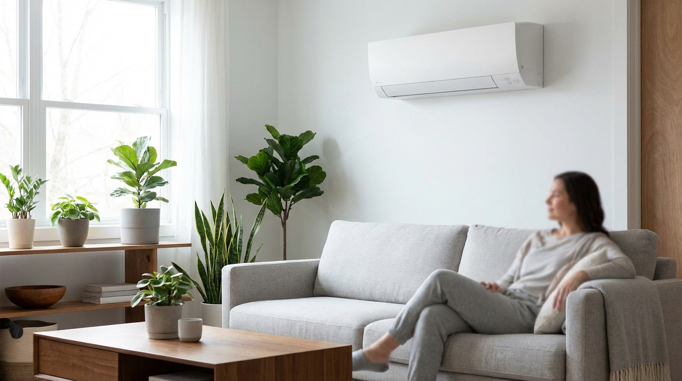 Climatiseur mural blanc installé dans un salon moderne. Une femme détendue sur un canapé, entourée de plantes vertes, profitant du confort.