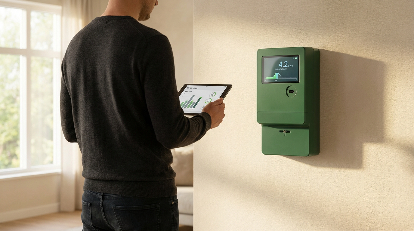 Homme consultant une tablette avec graphiques d'énergie, près d'un compteur Linky vert mural affichant la consommation.
