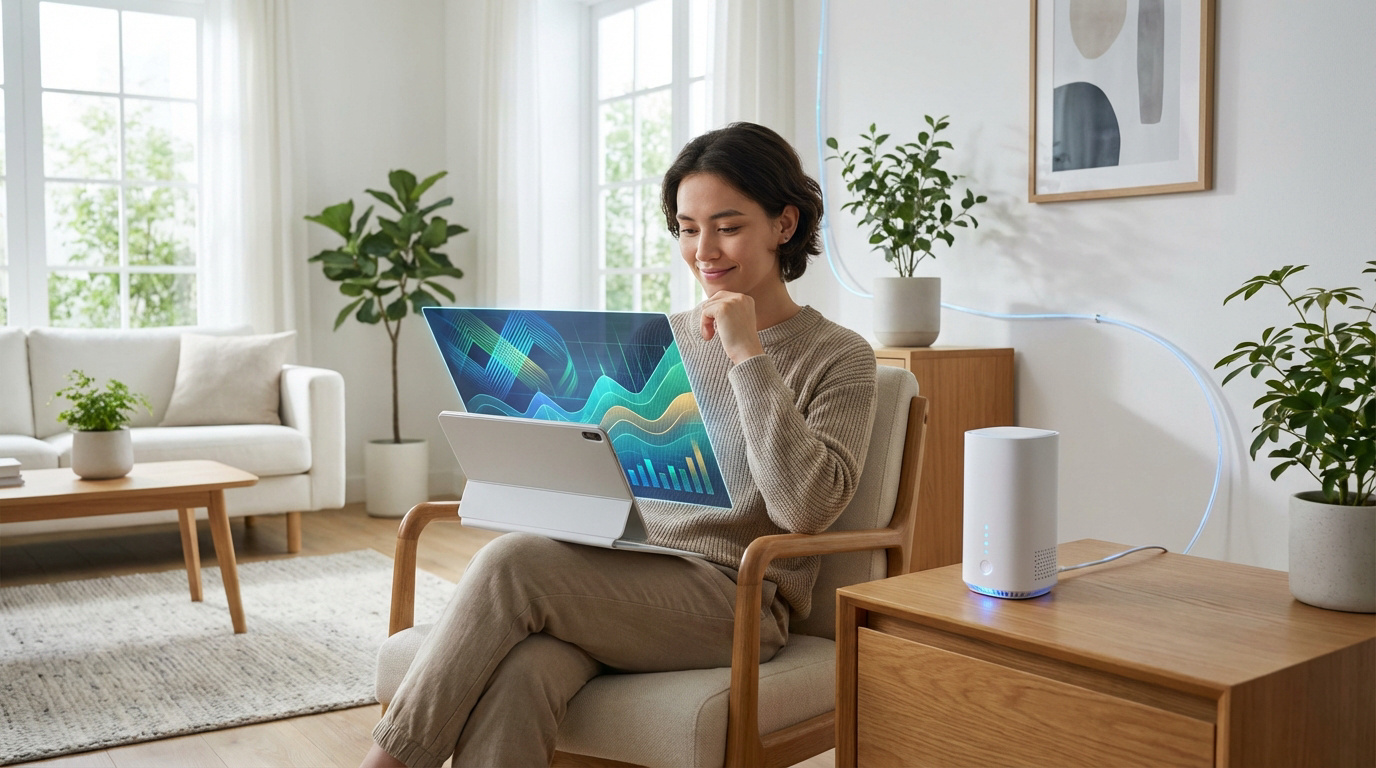 Femme souriante utilisant un écran futuriste transparent avec graphiques colorés, connectée par fibre lumineuse bleue à un routeur moderne.