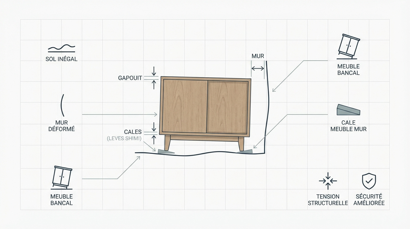 Correction d'un meuble bancal avec une cale pour l'aligner au mur