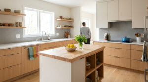 Cuisine moderne lumineuse avec armoires en bois clair, comptoirs blancs, îlot central en bois, et crédence grise.