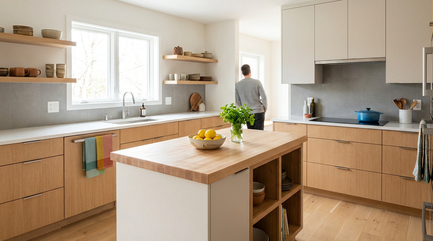 Cuisine moderne lumineuse avec armoires en bois clair, comptoirs blancs, îlot central en bois, et crédence grise.
