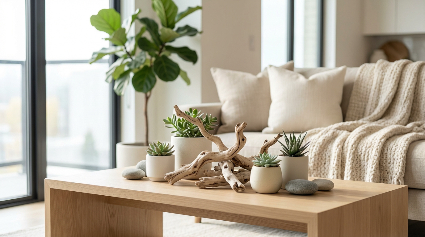 Table basse en bois clair décorée de bois flotté, succulentes en pot et galets, dans un salon aux tons neutres.