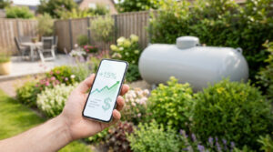 Une main tient un smartphone affichant une augmentation de 15% des prix, avec une citerne de gaz en arrière-plan dans un jardin.