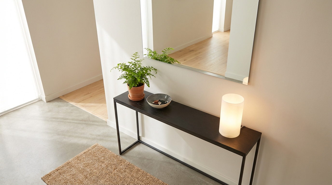 Une console d'entrée étroite noire avec une plante en pot, un vide-poche et une lampe surmontée d'un grand miroir mural. Un tapis en jute est visible au sol.
