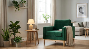Fauteuil design vert émeraude avec plaid beige dans un salon lumineux, entouré de plantes et avec un canapé en arrière-plan.