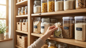 Garde-manger organisé avec bocaux de riz, pâtes, farine, et lentilles. Des mites alimentaires sont visibles. Une main dépose un sachet de laurier.