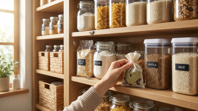 Garde-manger organisé avec bocaux de riz, pâtes, farine, et lentilles. Des mites alimentaires sont visibles. Une main dépose un sachet de laurier.