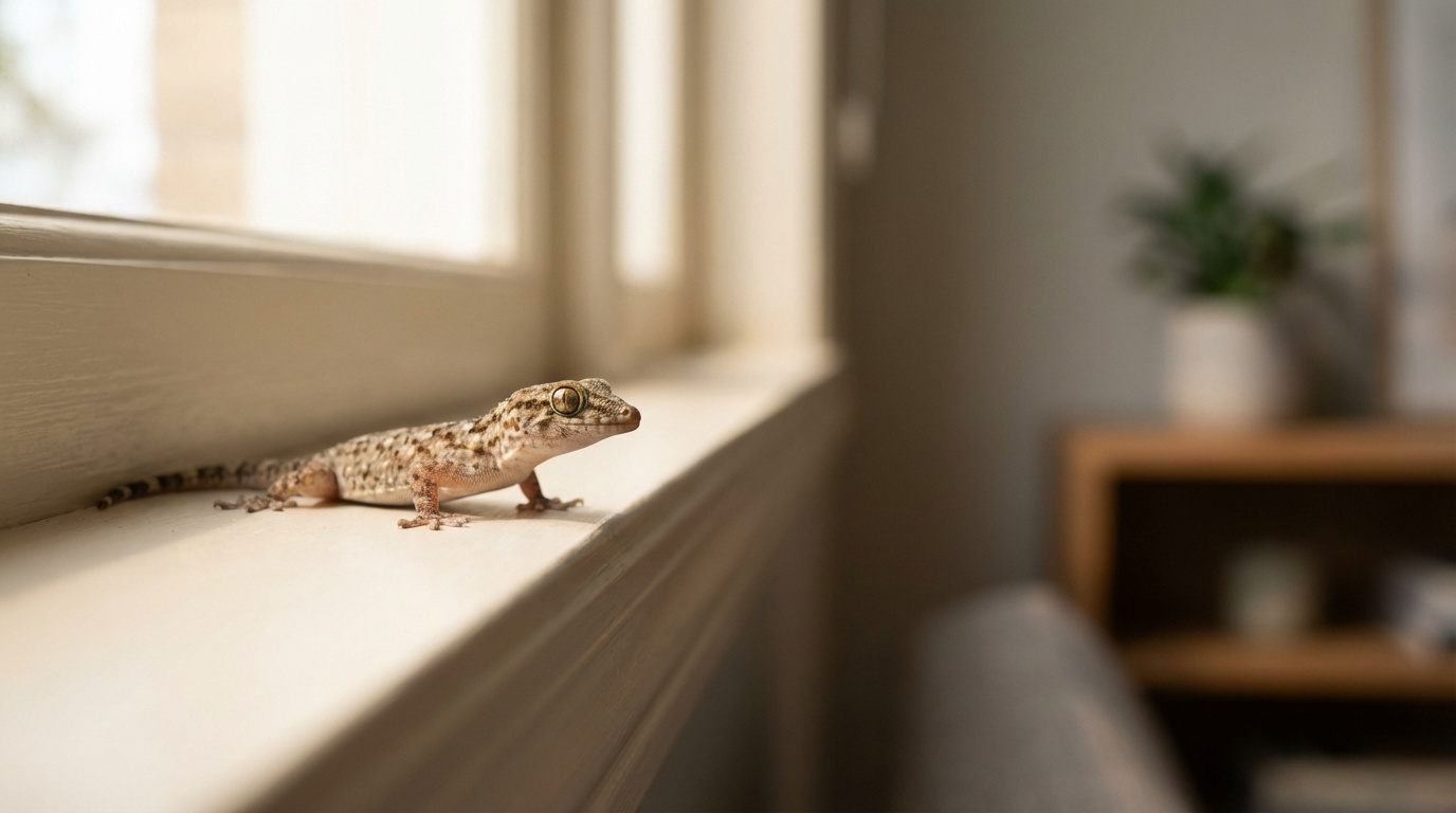 Petit lézard tacheté (gecko) posé sur un rebord de fenêtre clair, le regard tourné vers l'intérieur d'une pièce lumineuse.