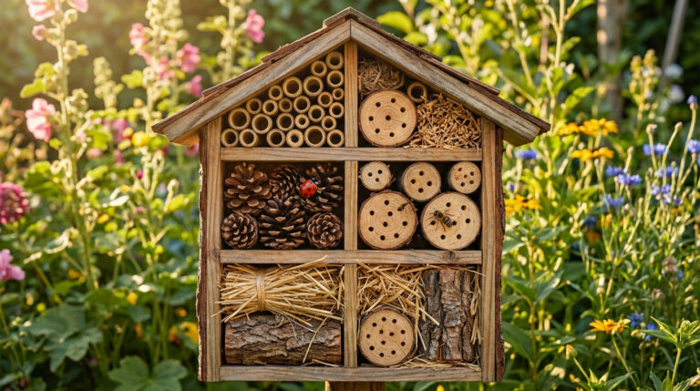 Hôtel à insectes en bois rempli de bambou, pommes de pin, pailles, avec coccinelle et abeille. Jardin fleuri ensoleillé.