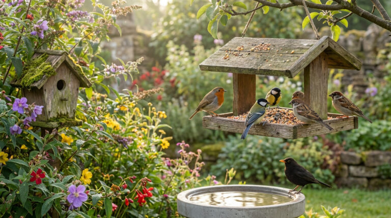 Jardin fleuri avec nichoir, mangeoire pleine d'oiseaux (rouge-gorge, mésanges, moineaux) et merle au bain d'oiseaux.