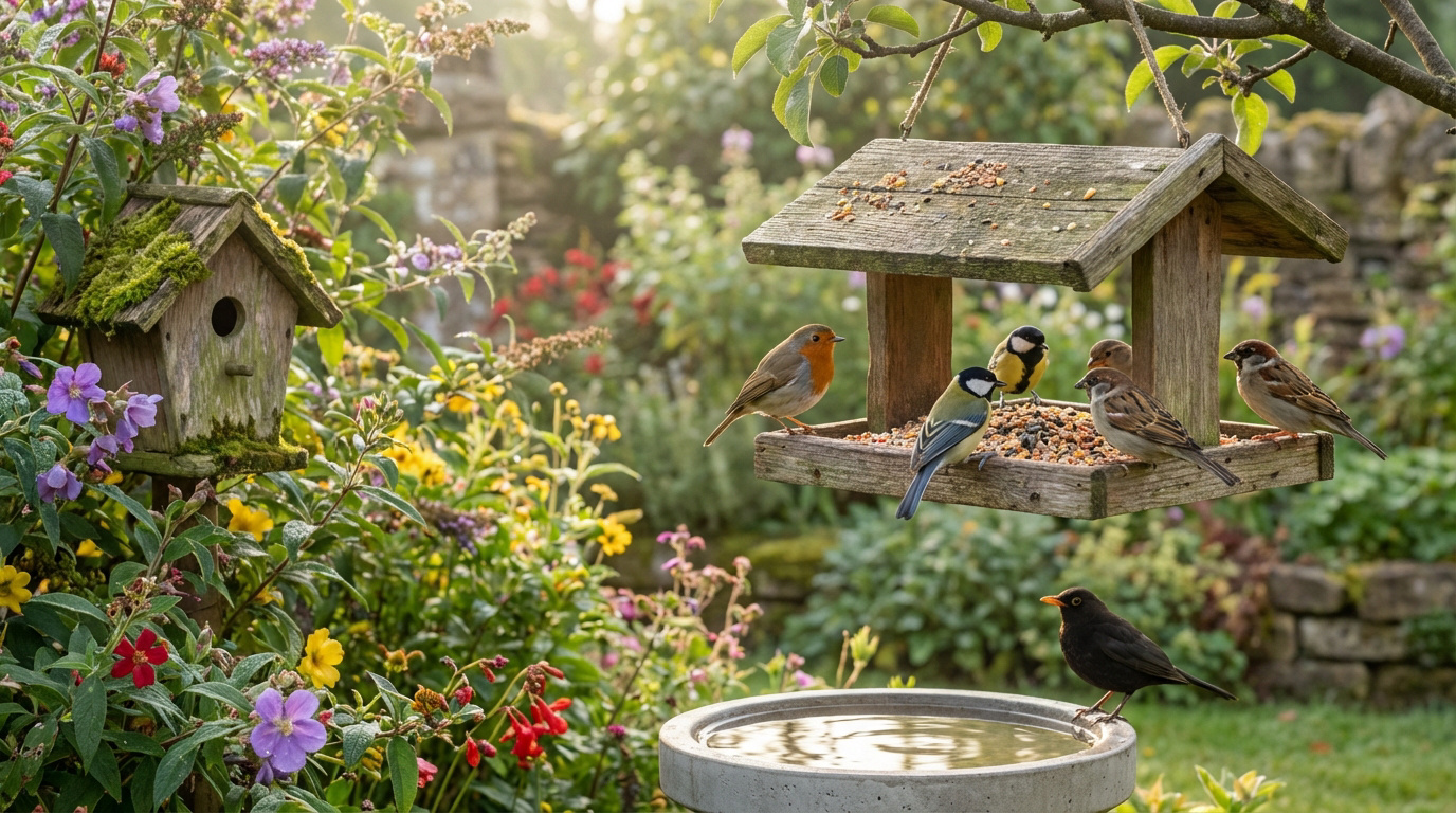 Jardin fleuri avec nichoir, mangeoire pleine d'oiseaux (rouge-gorge, mésanges, moineaux) et merle au bain d'oiseaux.