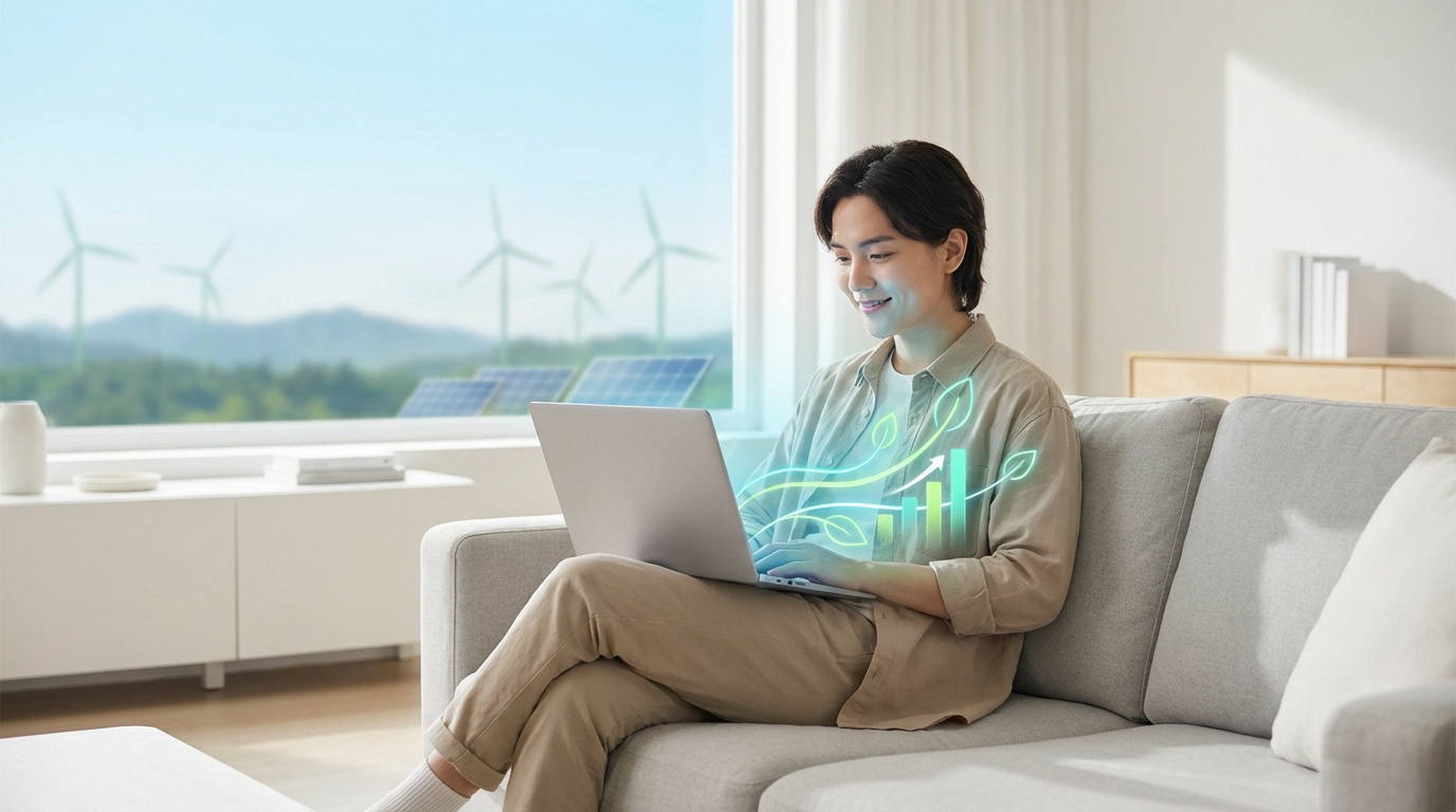 Homme souriant sur un canapé, utilisant un ordinateur portable avec des graphiques de croissance verte. Éoliennes et panneaux solaires en arrière-plan.