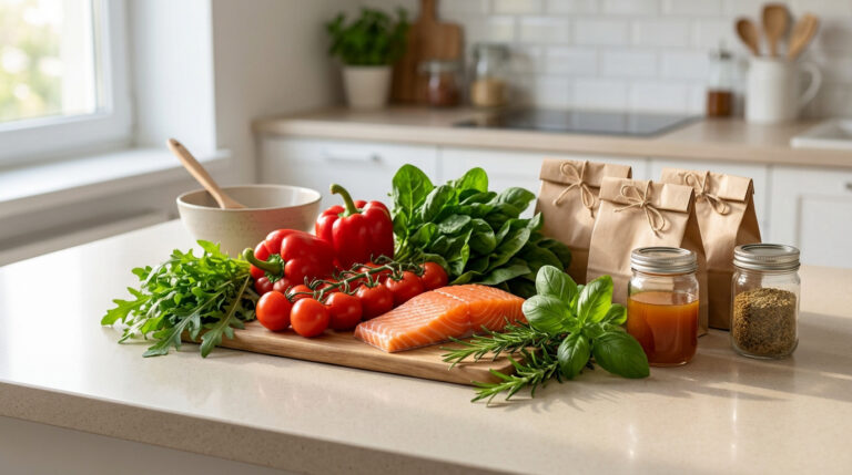 Ingrédients variés pour box repas : saumon, poivrons, tomates, épinards, herbes et sacs en papier sur un plan de travail clair.
