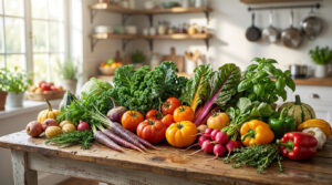 Variété de légumes et herbes frais et colorés sur table en bois dans cuisine lumineuse.