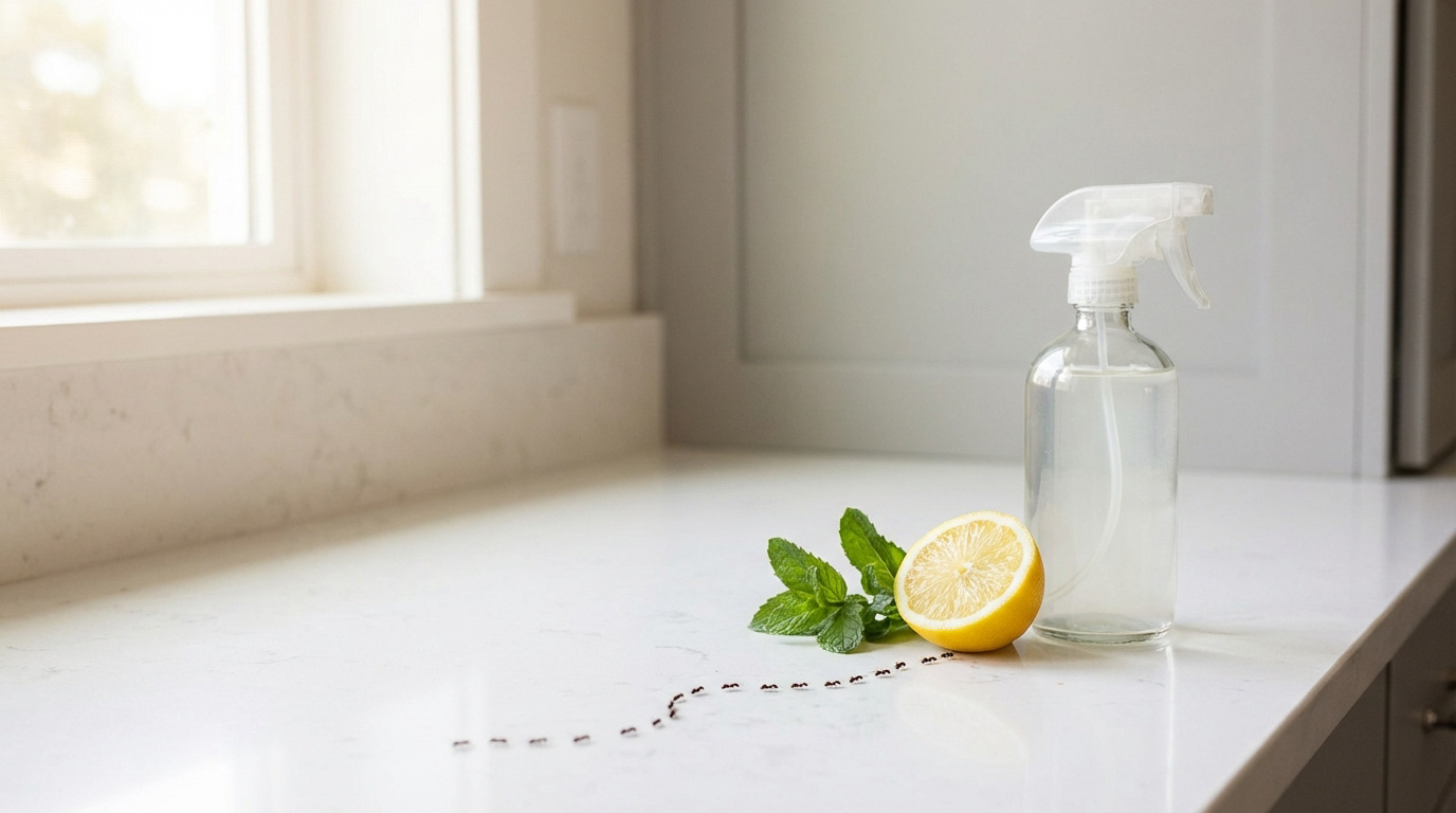 Sur un comptoir de cuisine, une ligne de fourmis près d'un citron, de menthe et d'un vaporisateur, suggérant des solutions naturelles.