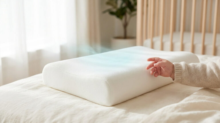 Oreiller à mémoire de forme blanc sur un lit, avec une main de bébé près de lui et une légère brume bleue. Un lit bébé en arrière-plan.