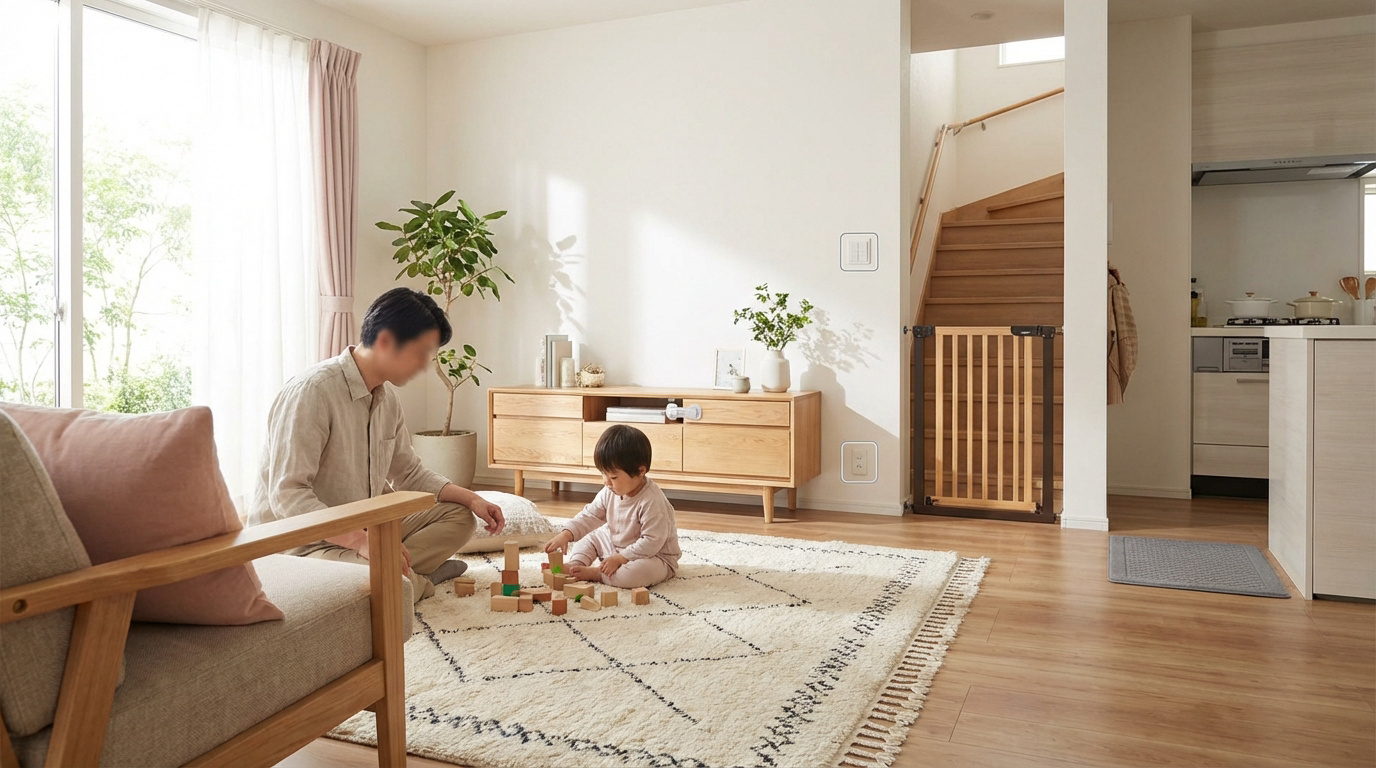 Père et enfant jouent dans un salon sécurisé. On voit une barrière d'escalier, un loquet de sécurité sur un meuble et un cache-prise.