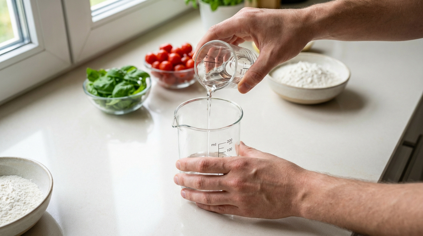 Mains versant un liquide d'une tasse graduée vers un bécher, tous deux en ml, sur un comptoir de cuisine. Basilic, tomates et farine en arrière-plan.