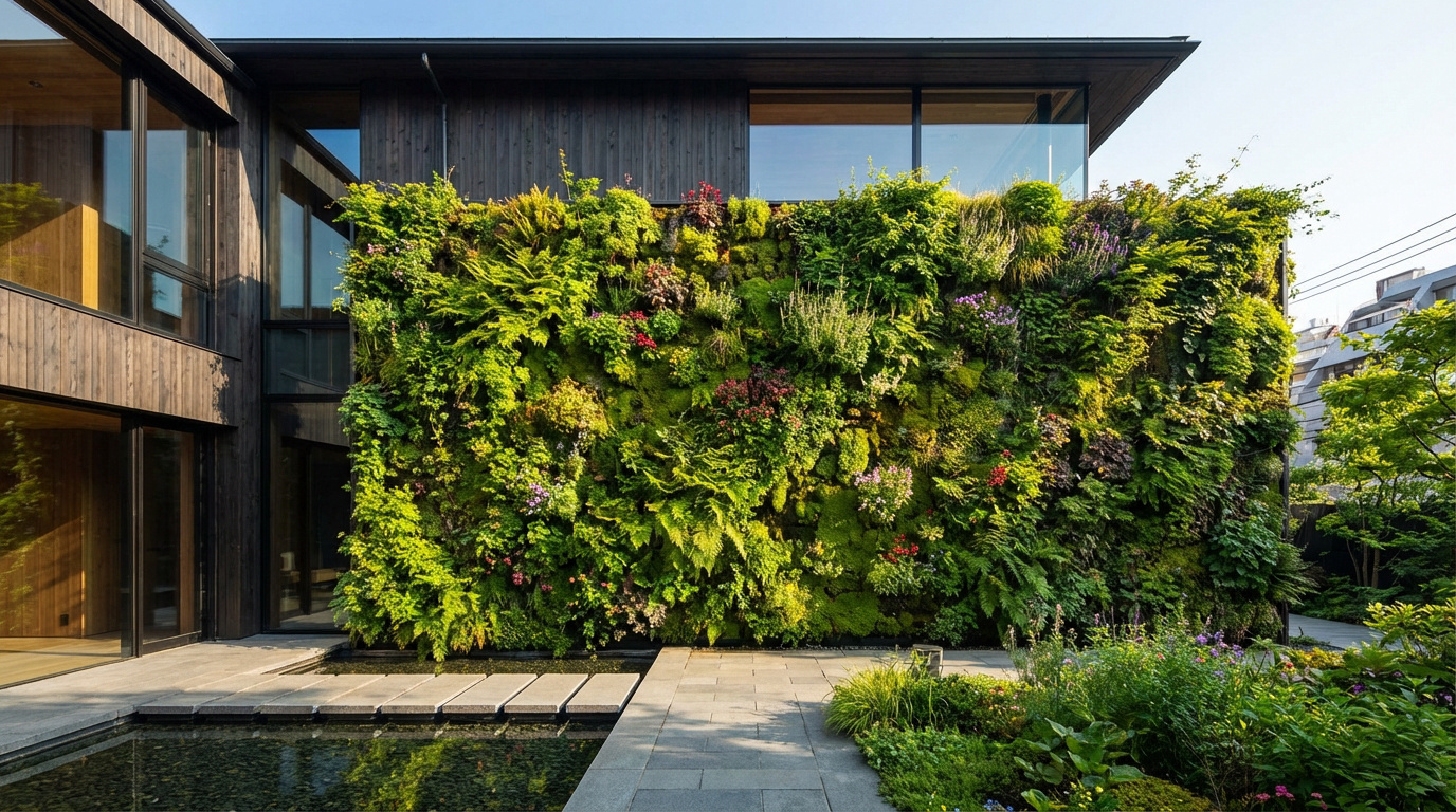 Mur végétal luxuriant sur la façade en bois sombre d'un bâtiment moderne, avec bassin d'eau et jardin paysager.