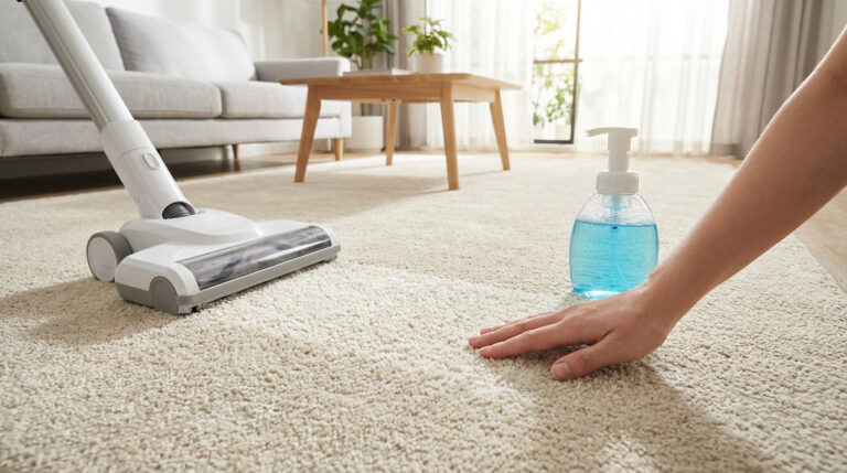 Aspirateur sans fil, main caressant tapis beige moelleux, et bouteille de nettoyant bleu mousseux pour tapis.