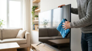 Un homme nettoie un écran de télévision noir avec un chiffon microfibre bleu, dans un salon lumineux avec un canapé et une fenêtre.