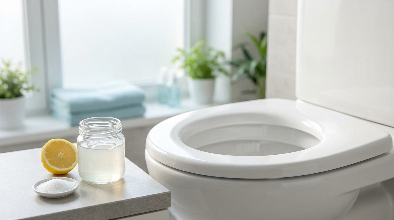 Ingrédients naturels pour nettoyer les WC : citron, poudre (acide citrique) et solution liquide, posés près d'une cuvette blanche.