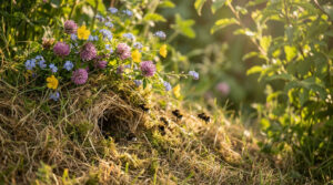 Nid de bourdons caché dans l'herbe sèche et la mousse. Plusieurs bourdons volent près de l'entrée, sous des fleurs sauvages colorées.