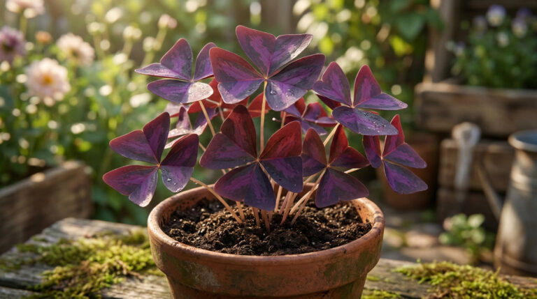 Oxalis triangularis violette en pot d'argile, feuilles mouillées, sur une surface en bois avec de la mousse. Jardin flou en arrière-plan.