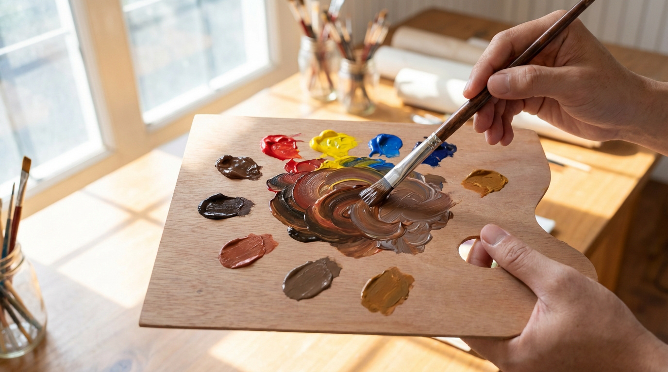Main d'artiste mélangeant des couleurs (rouge, jaune, bleu) sur une palette en bois avec un pinceau pour créer différentes nuances de marron.