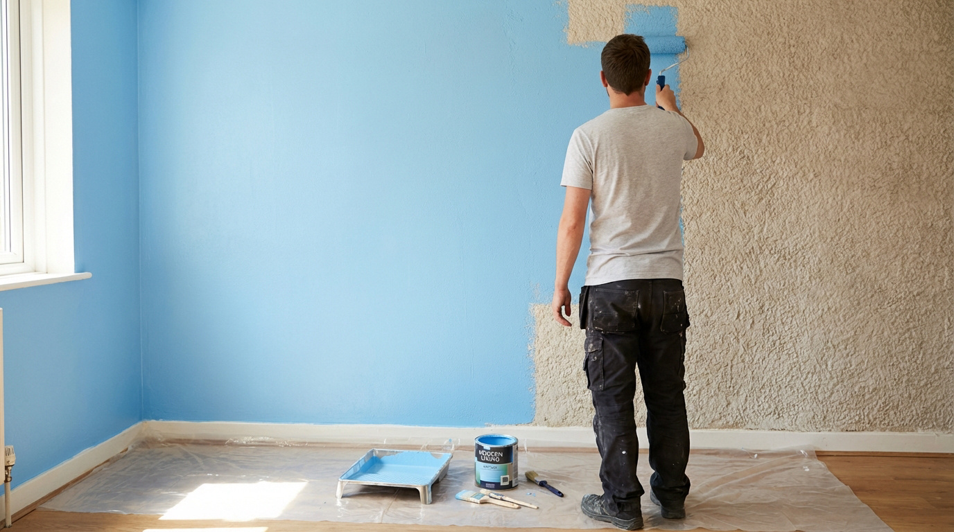 Un homme peint un mur en crépi intérieur en bleu clair avec un rouleau. Le sol est protégé, des outils de peinture sont posés.