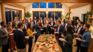 Nombreux convives joyeux célébrant une pendaison de crémaillère dans une maison moderne. Buffet garni et toasts partagés.