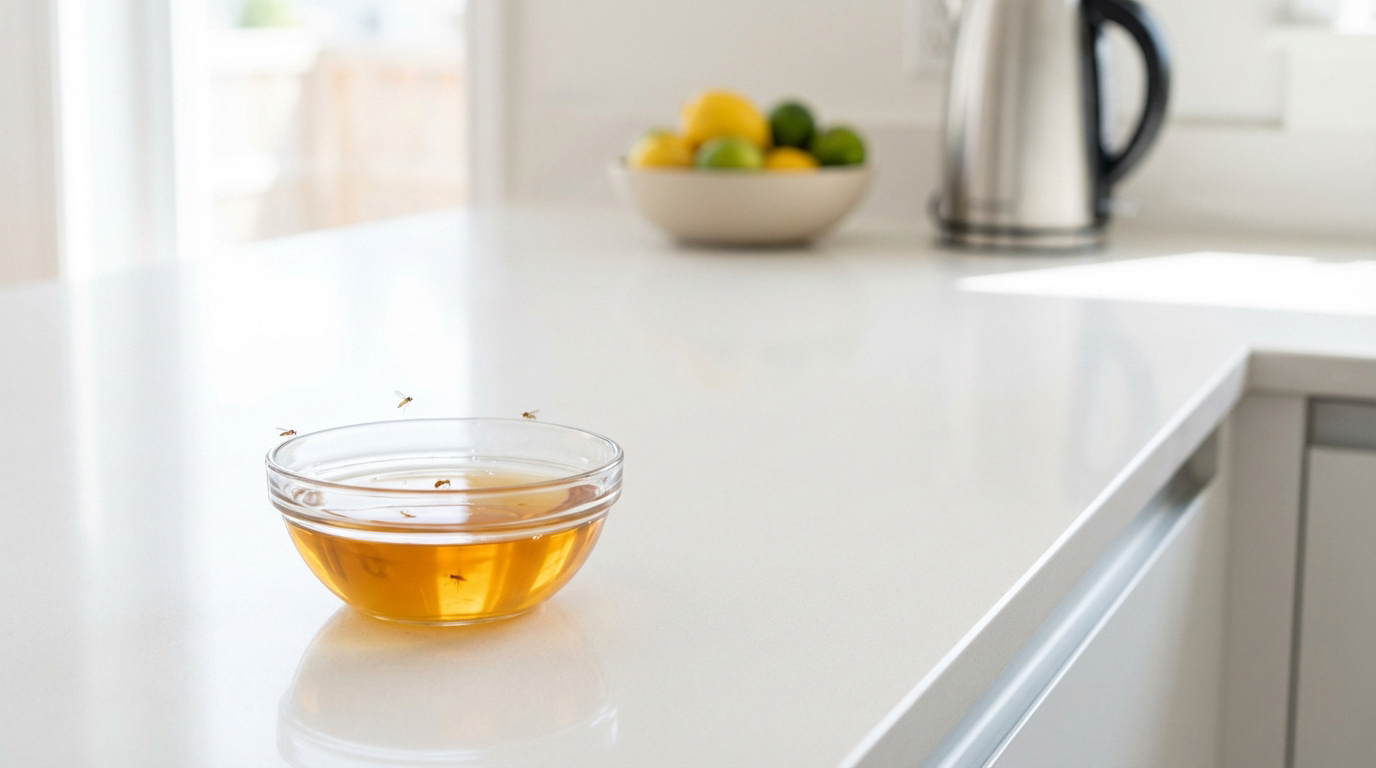 Un bol transparent contenant un piège liquide pour moucherons sur un comptoir de cuisine lumineux. Des moucherons volent et sont piégés.