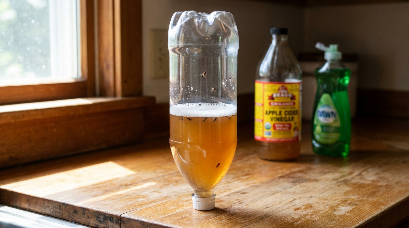 Piège à mouches efficace fait maison avec une bouteille en plastique, contenant du vinaigre de cidre et du savon, sur un comptoir en bois, avec des mouches piégées.
