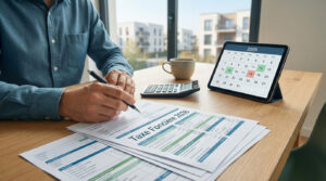 Personne rédigeant sur des formulaires « Taxe Foncière 2026 ». Calculette, café et calendrier 2026 sur tablette à côté.
