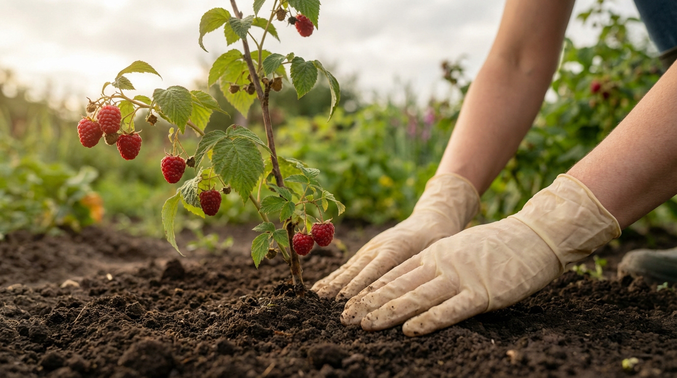 Gros plan sur des mains gantées plantant un jeune framboisier avec des framboises rouges mûres dans la terre d'un jardin.