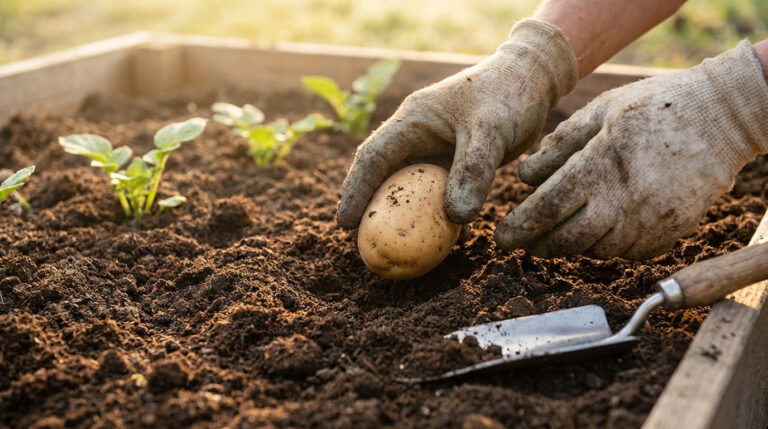 Mains gantées plantant une pomme de terre dans un jardin potager. Jeunes pousses de pomme de terre et une truelle sont visibles dans la terre.