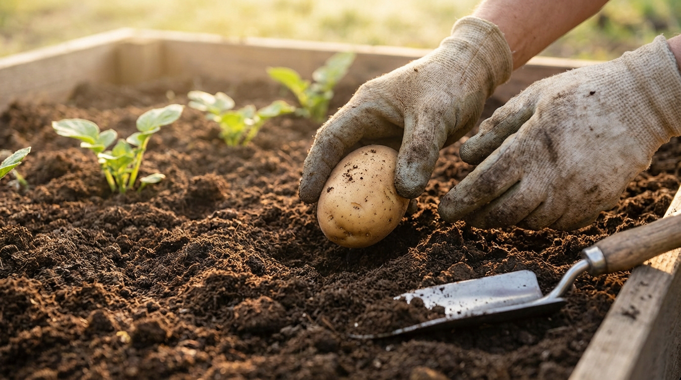 Mains gantées plantant une pomme de terre dans un jardin potager. Jeunes pousses de pomme de terre et une truelle sont visibles dans la terre.