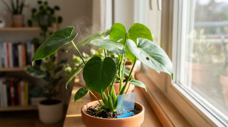 Plante verte en pot sur un rebord de fenêtre ensoleillé avec de la brume, un piège à insectes bleu et un insecte sur une feuille.