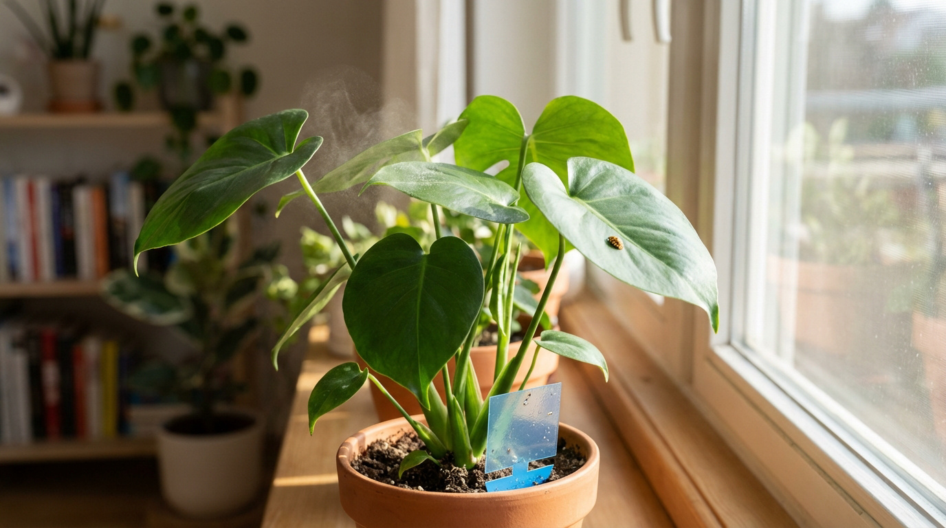 Plante verte en pot sur un rebord de fenêtre ensoleillé avec de la brume, un piège à insectes bleu et un insecte sur une feuille.