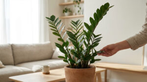 Un zamioculcas vert et luxuriant dans un pot en terre cuite, une main le touche doucement dans un salon lumineux et moderne.