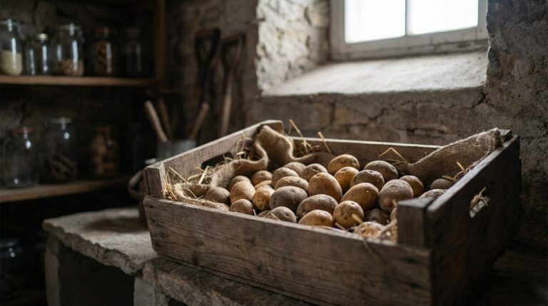 Caisse en bois de pommes de terre avec paille et toile de jute dans un cellier rustique. Bocaux et fenêtre à l'arrière.