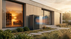 Unité extérieure de pompe à chaleur devant une maison moderne au coucher du soleil, avec intérieur chaleureux visible par la fenêtre.