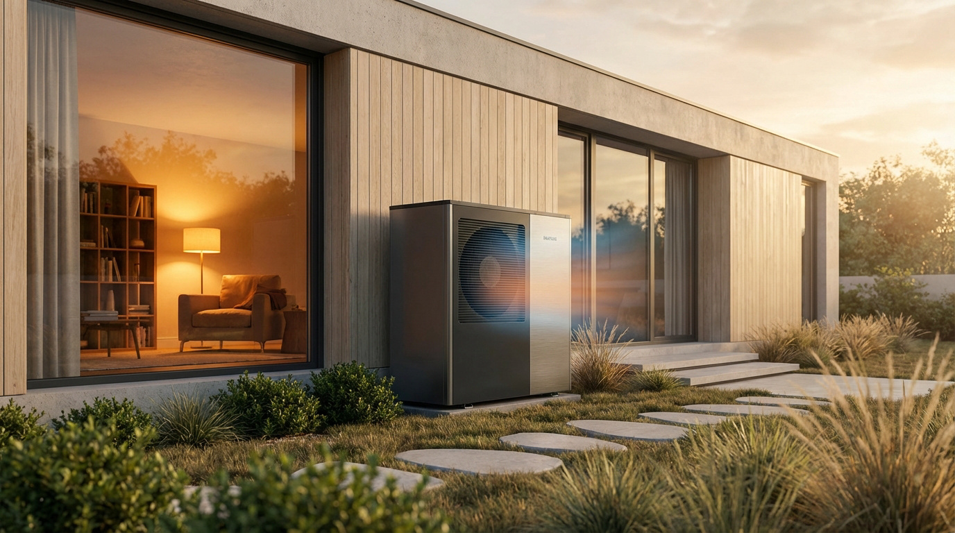 Unité extérieure de pompe à chaleur devant une maison moderne au coucher du soleil, avec intérieur chaleureux visible par la fenêtre.